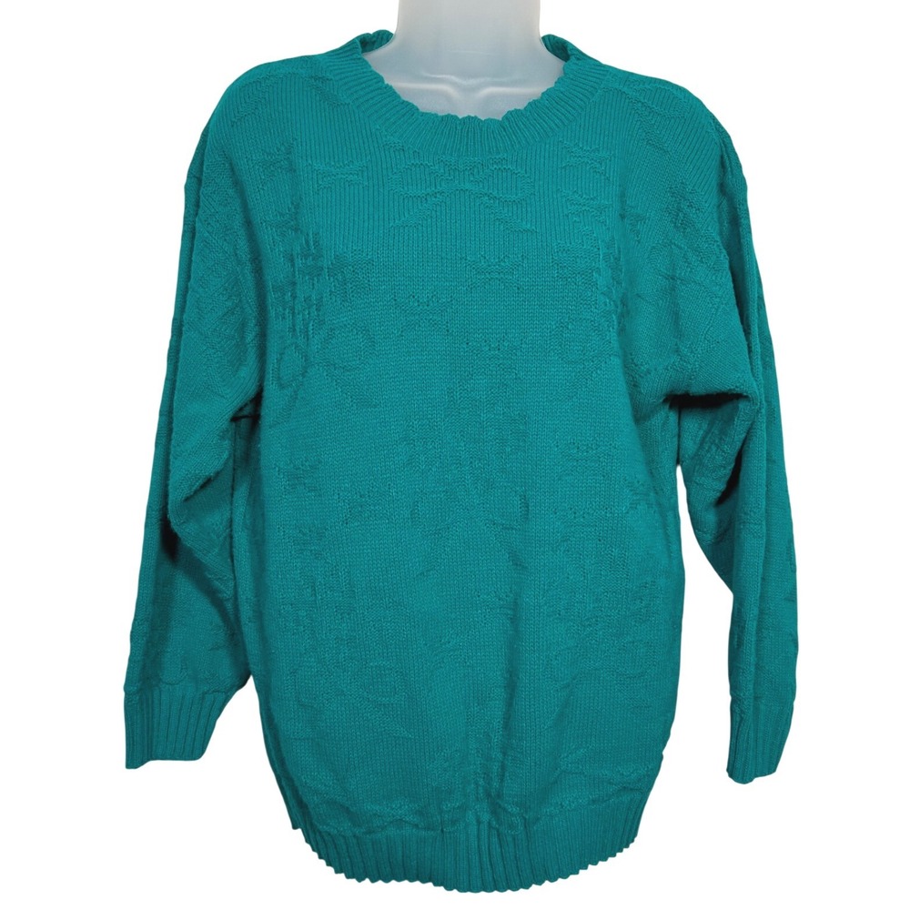 Adele Knitwear Sweater Teal Geometric Textured Crewneck USA Vintage (38" Bust)